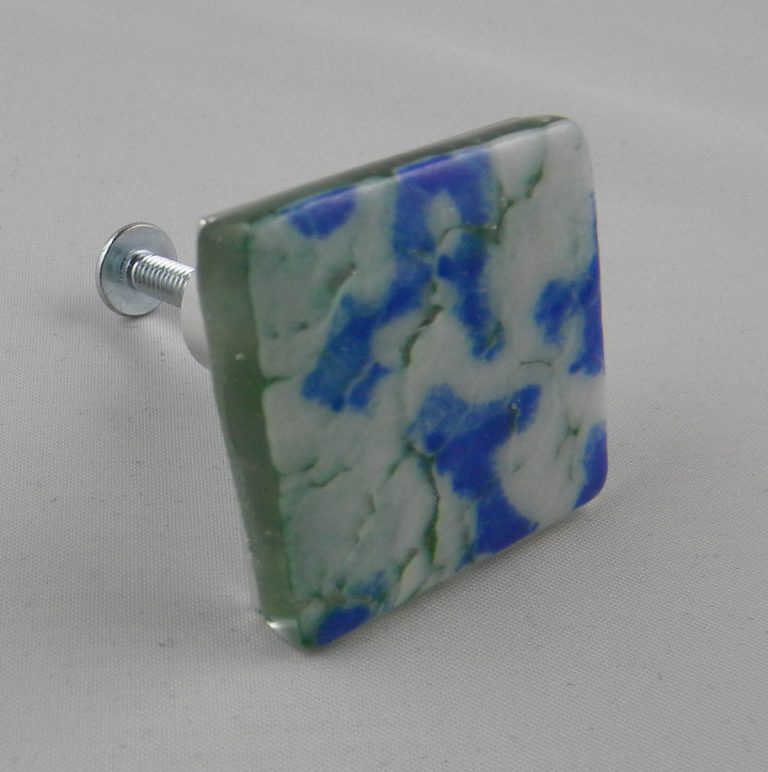 Handmade fused glass drawer pull (green, blue, white crackle) Elegant