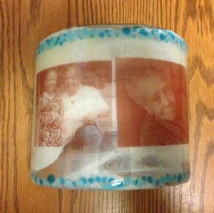 Custom Sepia decals on fused glass mantel sconce