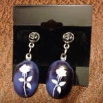 Custom purple streaky fused glass earrings with rose decals Custom purple streaky fused glass earrings with rose decals
